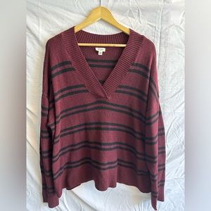 A.n.a Maroon and Black Striped V-Neck Sweater Women’s Size XXL